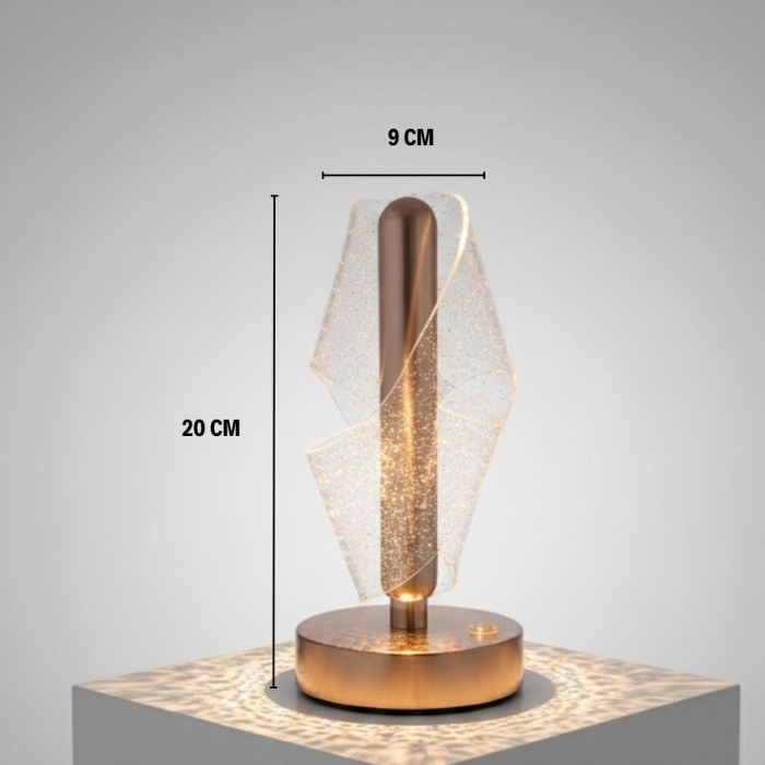 BUFFER® Çapraz Kavisli Ters Kristal Simli LED Masa Lambası – Gold Gövdeli, Dokunmatik, 3 Kademe Işık Ayarlı Şarjlı Dekoratif Lamba