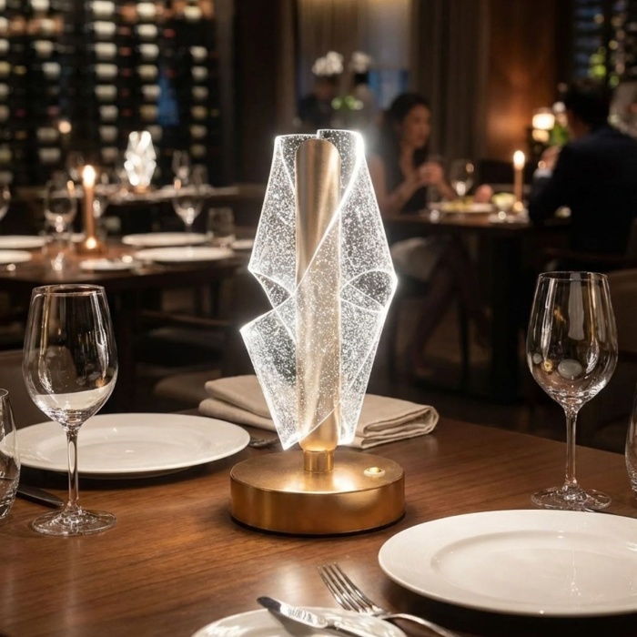 BUFFER® Çapraz Kavisli Ters Kristal Simli LED Masa Lambası – Gold Gövdeli, Dokunmatik, 3 Kademe Işık Ayarlı Şarjlı Dekoratif Lamba