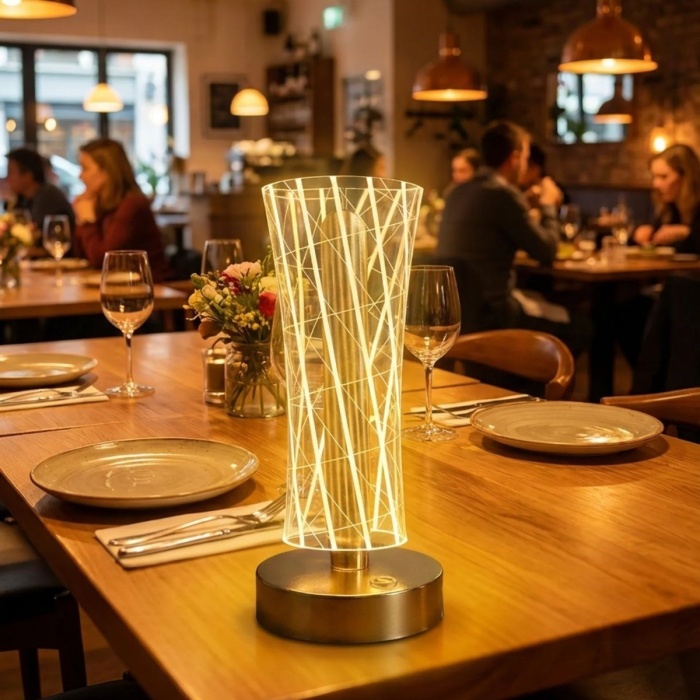 BUFFER® Silindirik Kristal Çizgi Model LED Masa Lambası – Gold Tabanlı, Dokunmatik, 3 Renk Işık Modlu, Şarjlı Modern Dekoratif Gece Lambası
