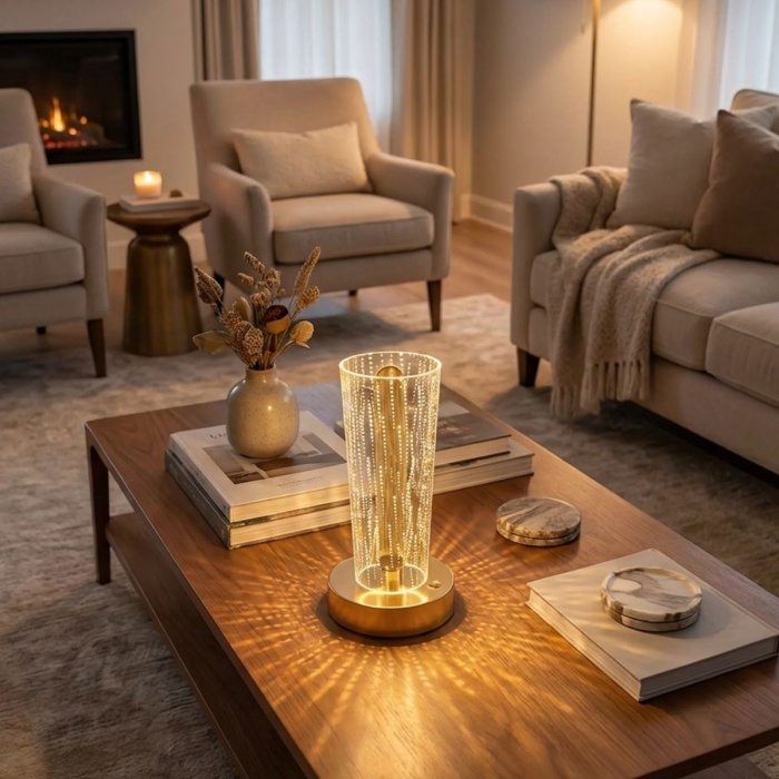 BUFFER® Silindirik Kristal Nokta Model LED Masa Lambası – Gold Tabanlı, Dokunmatik, 3 Renk Işık Modlu, Şarjlı Modern Dekoratif Gece Lambası