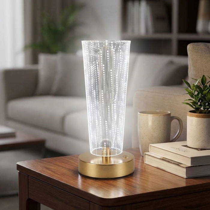 BUFFER® Silindirik Kristal Nokta Model LED Masa Lambası – Gold Tabanlı, Dokunmatik, 3 Renk Işık Modlu, Şarjlı Modern Dekoratif Gece Lambası
