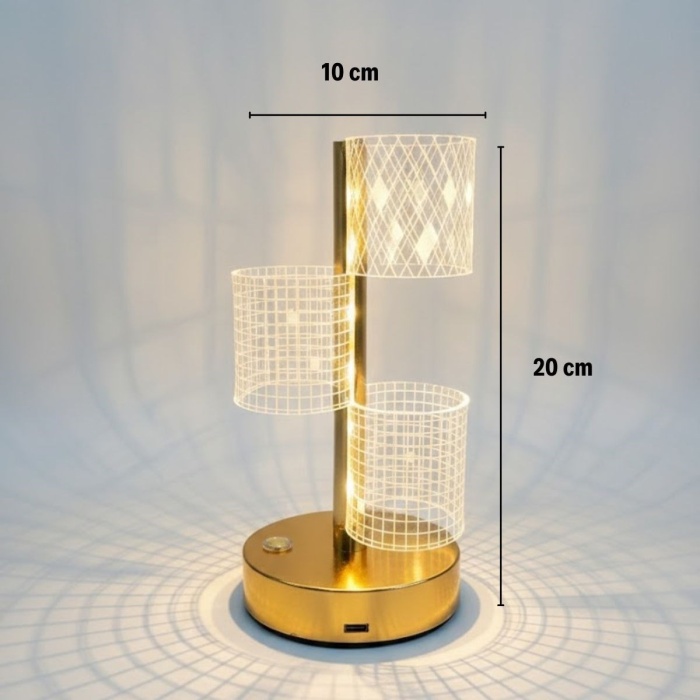 BUFFER® 3 Parça Silindirik Kristal Ekose Kareli LED Masa Lambası – Gold Gövdeli, Dokunmatik, 3 Kademe Işık Ayarlı Şarjlı Dekoratif Lamba