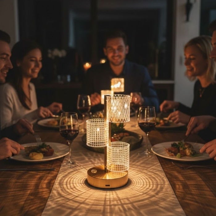 BUFFER® 3 Parça Silindirik Kristal Ekose Kareli LED Masa Lambası – Gold Gövdeli, Dokunmatik, 3 Kademe Işık Ayarlı Şarjlı Dekoratif Lamba