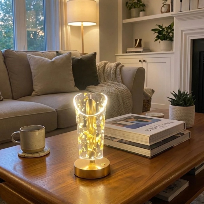 BUFFER® Açık Silindirik Kristal Altın Toz Model LED Masa Lambası – Gold Tabanlı, Dokunmatik, 3 Renk Işık Modlu, Şarjlı Modern Dekoratif Gece Lambası