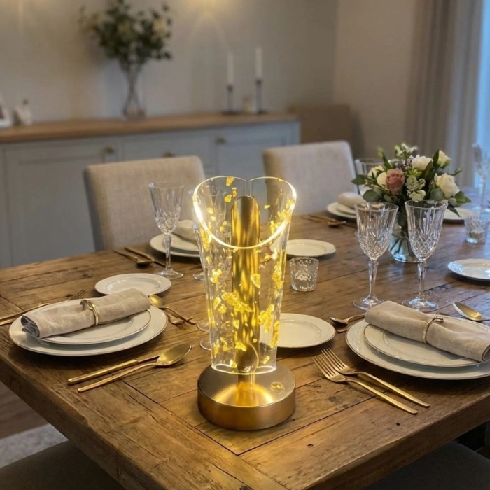 BUFFER® Açık Silindirik Kristal Altın Toz Model LED Masa Lambası – Gold Tabanlı, Dokunmatik, 3 Renk Işık Modlu, Şarjlı Modern Dekoratif Gece Lambası