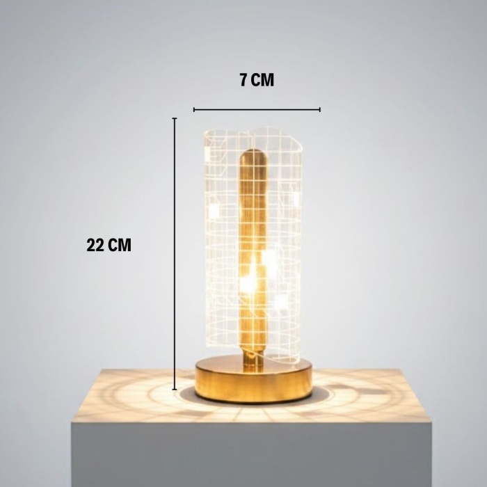 BUFFER® Dalgalı Silindirik Kristal Kareli Model LED Masa Lambası – Gold Tabanlı, Dokunmatik, 3 Renk Işık Modlu, Şarjlı Modern Dekoratif Gece Lambası