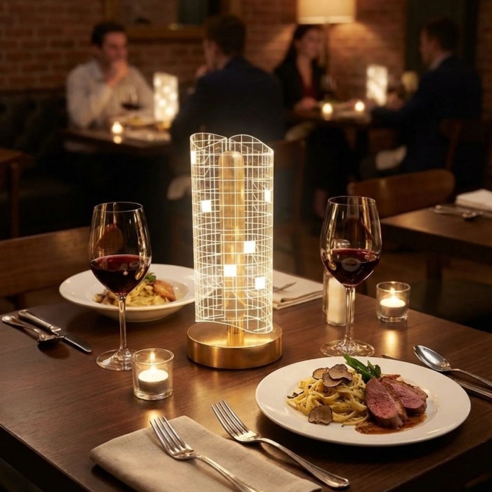 BUFFER® Dalgalı Silindirik Kristal Kareli Model LED Masa Lambası – Gold Tabanlı, Dokunmatik, 3 Renk Işık Modlu, Şarjlı Modern Dekoratif Gece Lambası