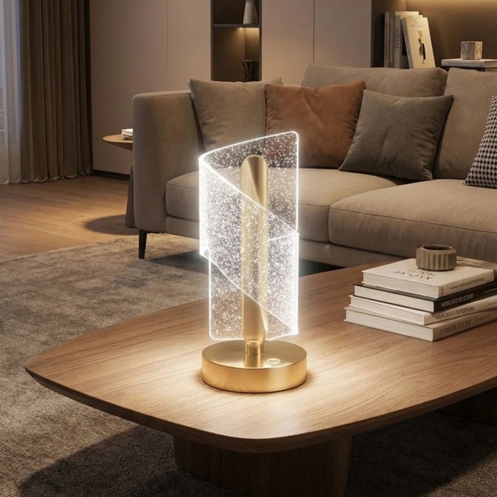 BUFFER® Çapraz Kavisli Kristal Simli LED Masa Lambası – Gold Gövdeli, Dokunmatik, 3 Kademe Işık Ayarlı Şarjlı Dekoratif Lamba