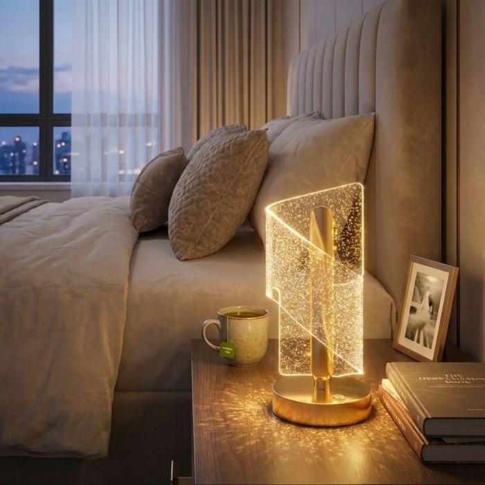 BUFFER® Çapraz Kavisli Kristal Simli LED Masa Lambası – Gold Gövdeli, Dokunmatik, 3 Kademe Işık Ayarlı Şarjlı Dekoratif Lamba