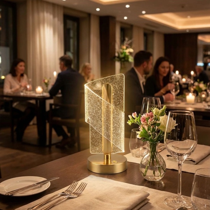 BUFFER® Çapraz Kavisli Kristal Simli LED Masa Lambası – Gold Gövdeli, Dokunmatik, 3 Kademe Işık Ayarlı Şarjlı Dekoratif Lamba