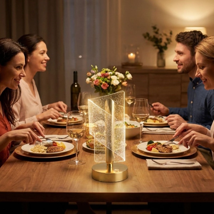 BUFFER® Çapraz Kavisli Kristal Simli LED Masa Lambası – Gold Gövdeli, Dokunmatik, 3 Kademe Işık Ayarlı Şarjlı Dekoratif Lamba