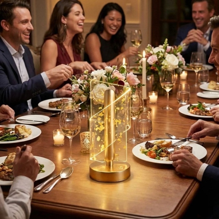 BUFFER® Çapraz Kavisli Kristal Altın Toz Model LED Masa Lambası – Gold Gövdeli, Dokunmatik, 3 Kademe Işık Ayarlı Şarjlı Dekoratif Lamba