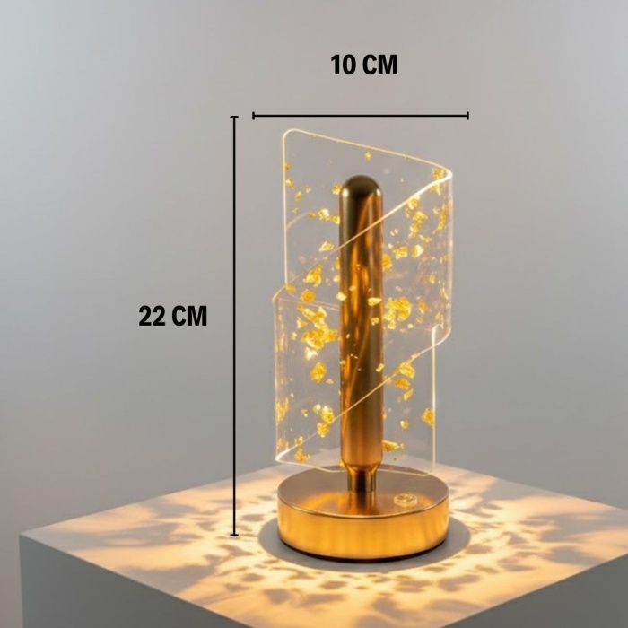 BUFFER® Çapraz Kavisli Kristal Altın Toz Model LED Masa Lambası – Gold Gövdeli, Dokunmatik, 3 Kademe Işık Ayarlı Şarjlı Dekoratif Lamba