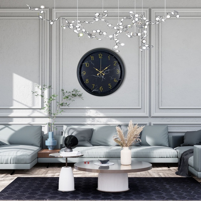 Siyah 40 Cm Mermer Desenli Metal Duvar Saati