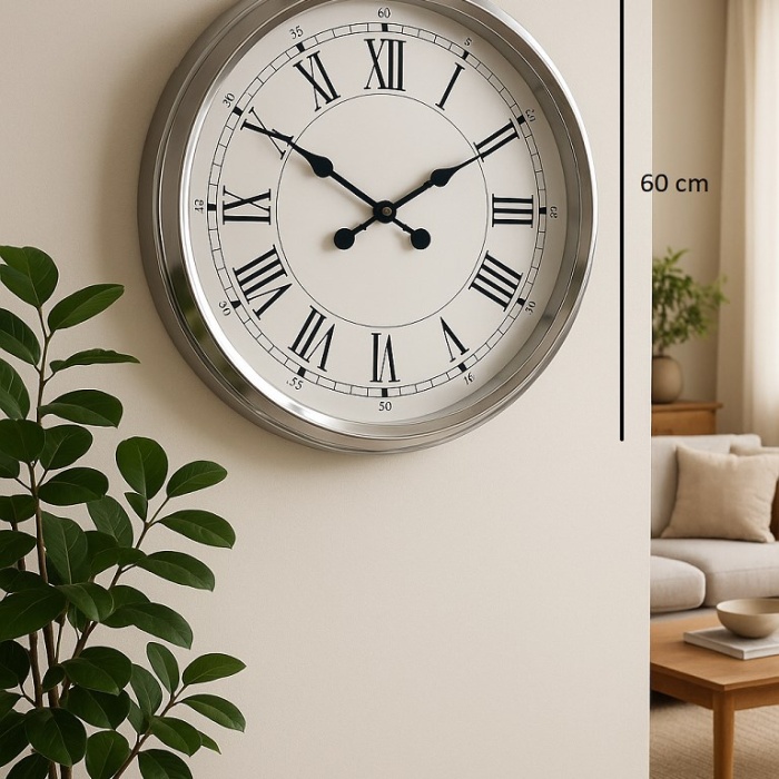 60 cm Krom Metal Roma Rakamlı Duvar Saati