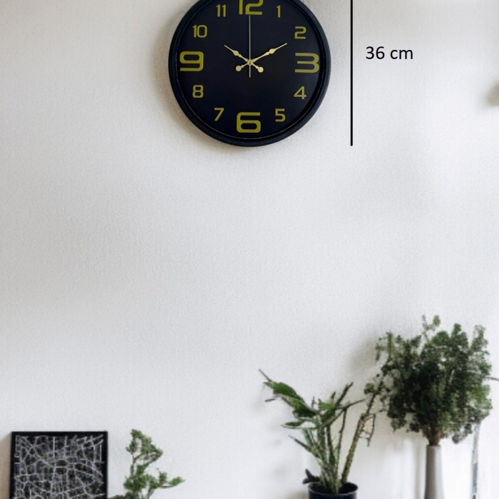 ® Yeni Ürün 36 Cm Siyah Gold Rakamlı Duvar Saati