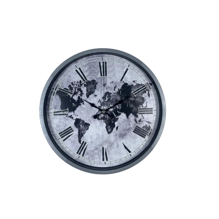 Gri 36 Cm Dünya Haritalı Duvar Saati