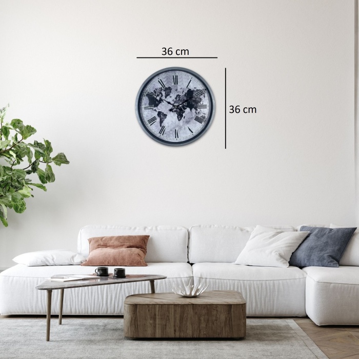 Gri 36 Cm Dünya Haritalı Duvar Saati