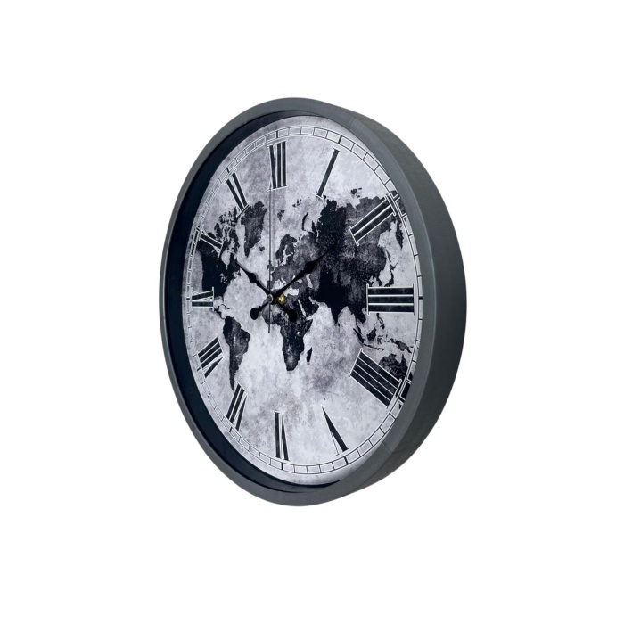 Gri 36 Cm Dünya Haritalı Duvar Saati