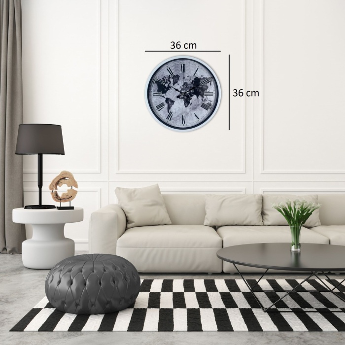 Beyaz 36 Cm Dünya Haritalı Tasarım Duvar Saati