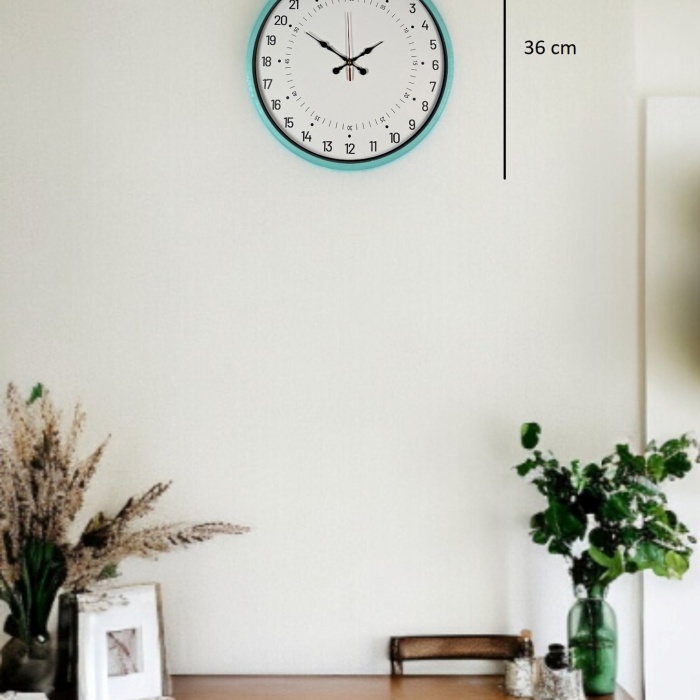 ® Yeni Ürün 36 Cm Turkuaz 24 Saat Göstergeli Özel Tasarım Duvar Saati
