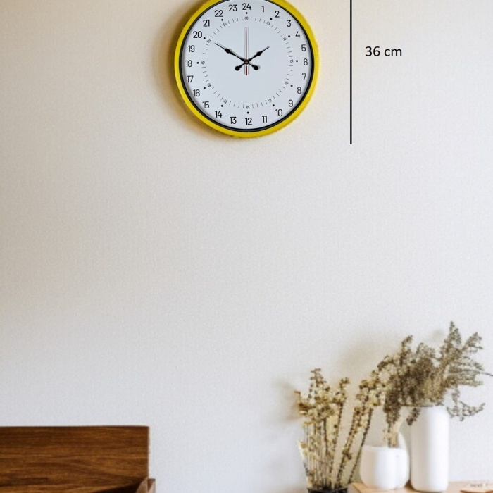 ® Yeni Ürün 36 Cm Sarı 24 Saat Göstergeli Özel Tasarım Duvar Saati