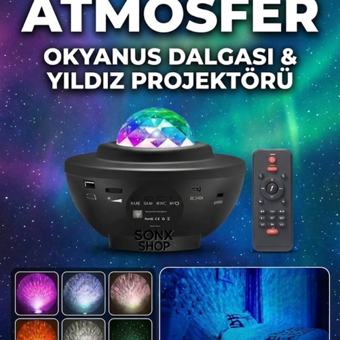 ® Yeni Ürün Galaksi Yıldız Projektörü ve Bluetooth Hoparlör 10 Renk Modlu Okyanus Dalgalı Gece & Disko Lambası