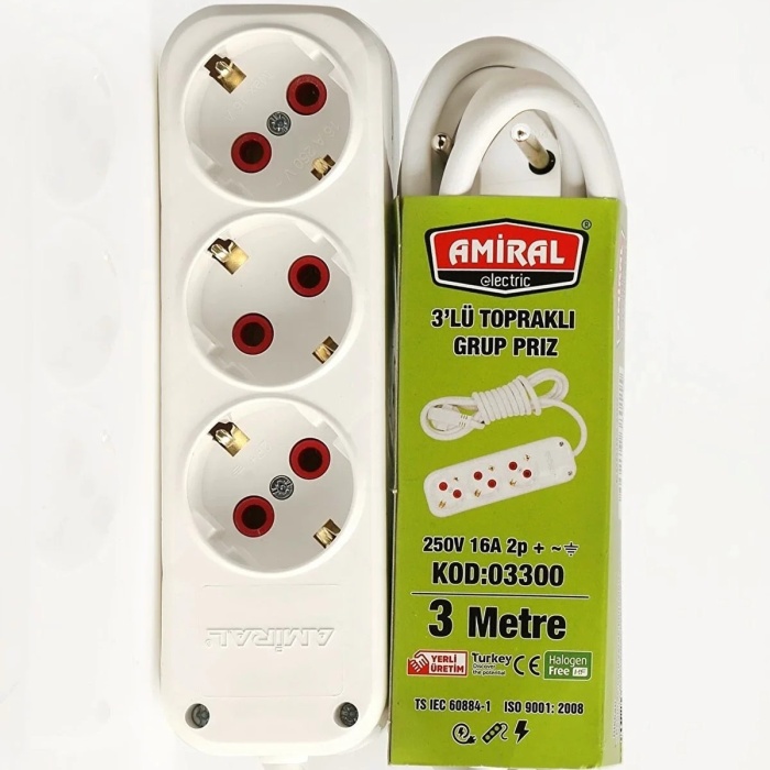 ® Yeni Ürün Amiral 3 Lü Topraklı 3 Metre Kablolu Grup Priz