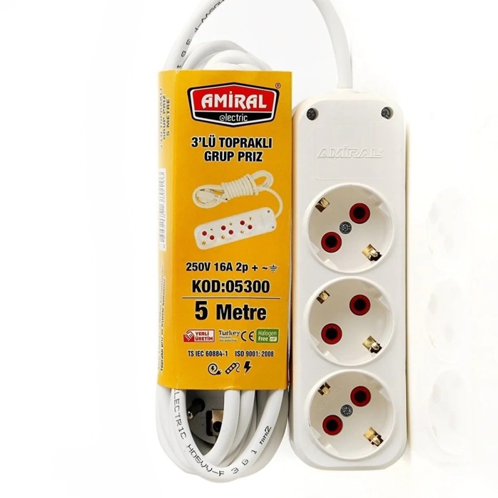 ® Yeni Ürün Amiral 3 Lü Topraklı 5 Metre Kablolu Grup Priz