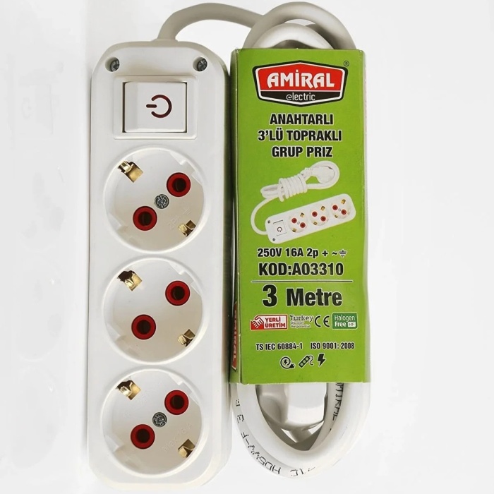 ® Yeni Ürün Amiral 3 Lü Topraklı Anahtarlı 3 Metre Kablolu Grup Priz