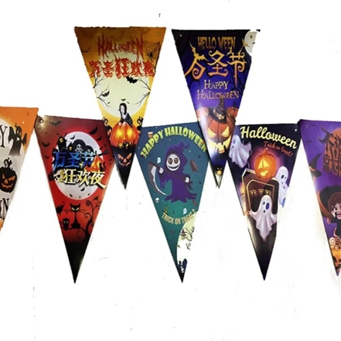 ® Yeni Ürün Lüks Baskılı Üçgen Model Halloween Banner Süs Bayrak 8 Li
