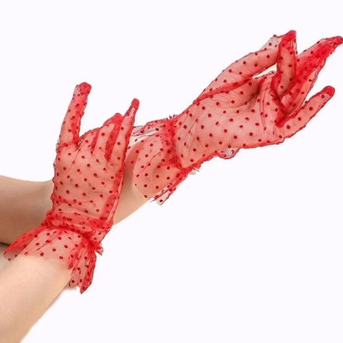 ® Yeni Ürün Kısa Boy Güpürlü Kırmızı Puantiyeli Tül Eldiven Kırmızı Renk