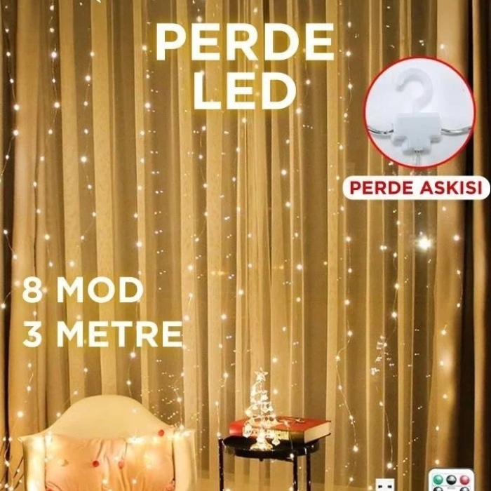 ® Yeni Ürün Lw-7 300 Ledli 10 Sarkıt Perde Led Işık, 8 Modlu Uzaktan Kumandalı, 3x3 Metre Peri Telli Led