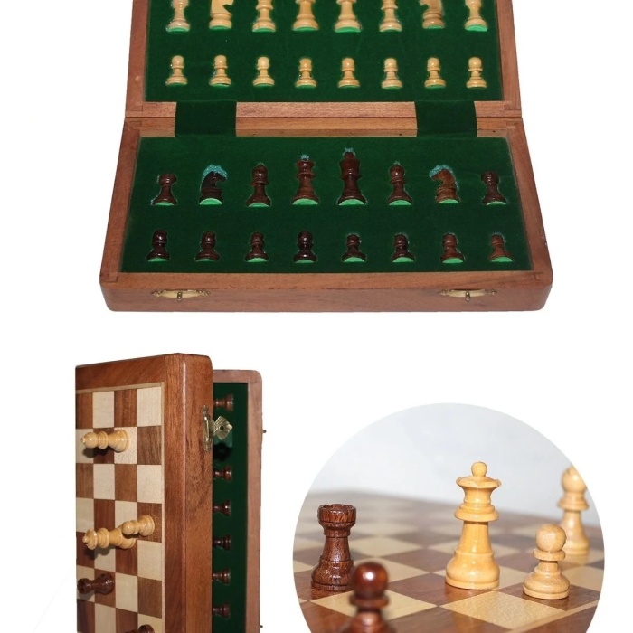 ® Yeni Ürün Mıknatıs Taşlı Ahşap Katlanabilir Kutulu Satranç Oyunu 17.5 Cm G611