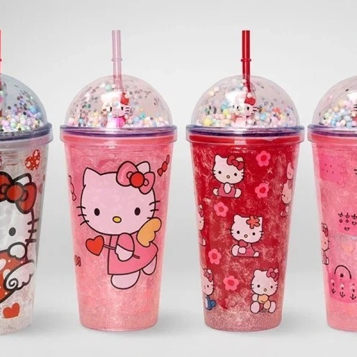 ® Yeni Ürün Sevimli Hello Kitty Işıklı Pipetli Boncuklu Suluk & Bardak 400 Ml