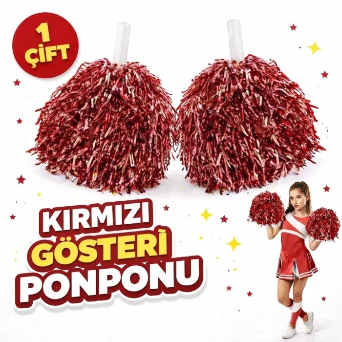 ® Yeni Ürün 1 Çift ( 2 Adet ) Kırmızı Renk 23 Nisan 19 Mayıs 29 Ekim Okul Gösteri Ponponları