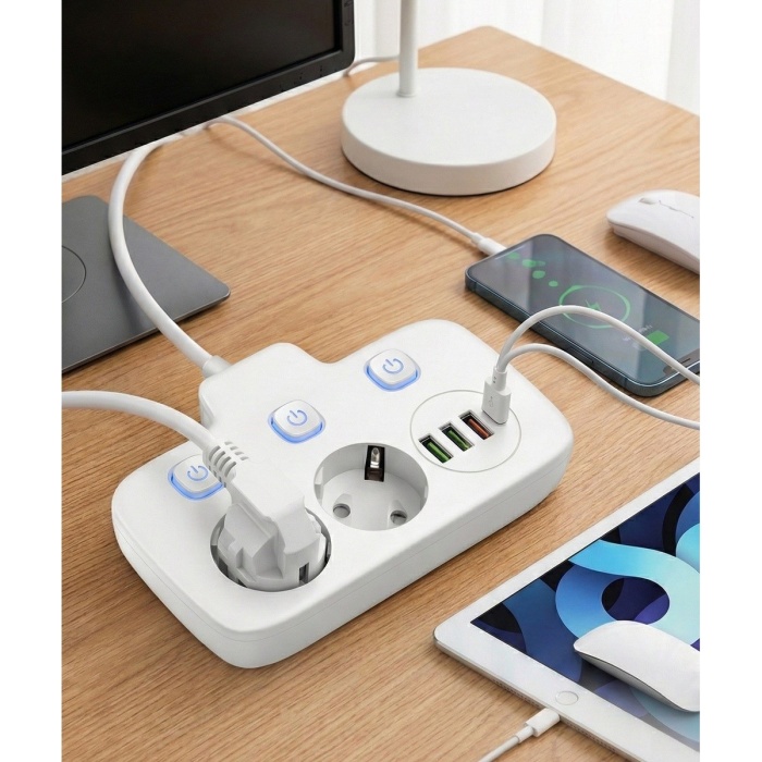 ® Yeni Ürün Akım Korumalı 2500W Güçlü 3 USB + Type-C Portlu Çoklu Priz | Hızlı Şarj, Çocuk Kilidi, 2 METRE
