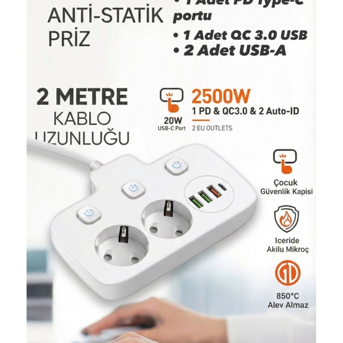 ® Yeni Ürün Akım Korumalı 2500W Güçlü 3 USB + Type-C Portlu Çoklu Priz | Hızlı Şarj, Çocuk Kilidi, 2 METRE