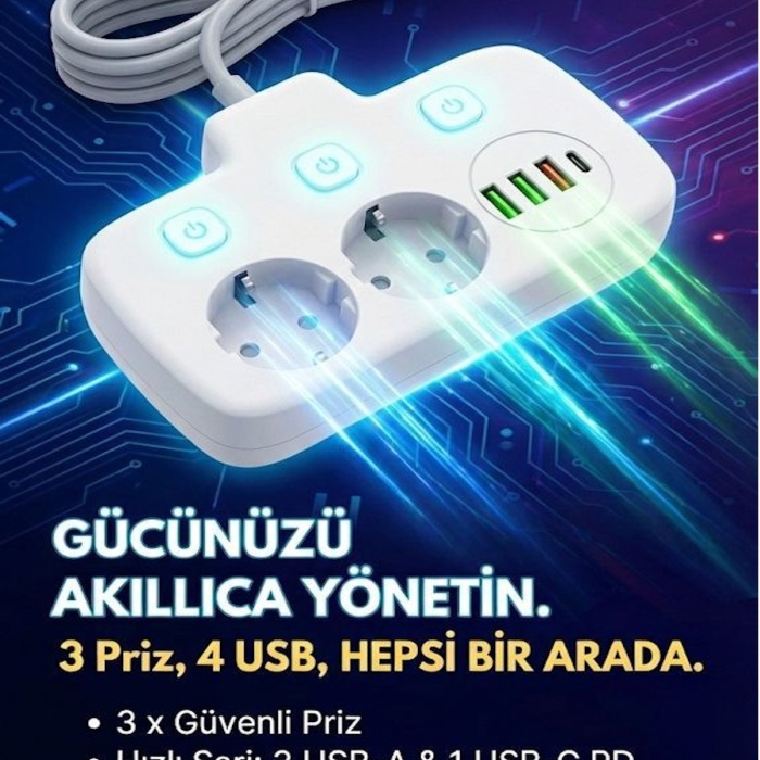® Yeni Ürün Akım Korumalı 2500W Güçlü 3 USB + Type-C Portlu Çoklu Priz | Hızlı Şarj, Çocuk Kilidi, 2 METRE