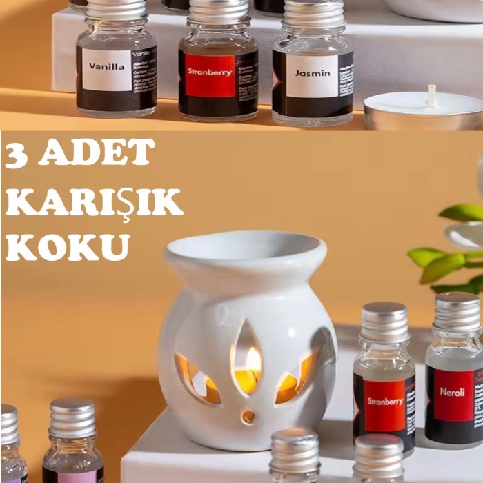 ® Yeni Ürün 3 lü Aromaterapi Uçucu Yağ Seti ve Seramik BuhurdanlıkRahatlatıcı Oda Kokusu & Spa Deneyimi