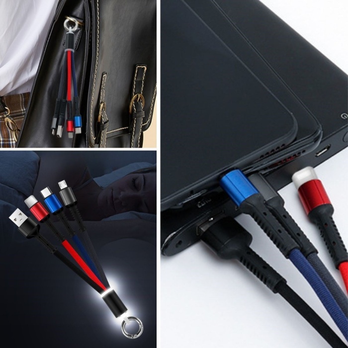 ® Yeni Ürün Işıklı Anahtarlık Model 3 in 1 USB Çıkışlı MİKRO,TYPE-C ve İphone Uyumlu Şarj Kablosu