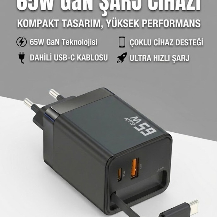 ® Yeni Ürün 65W Süper Hızlı Şarj Cihazı | Dahili Type-C Kablo | USB-C & USB-A Çıkış | Çoklu Cihaz Desteği