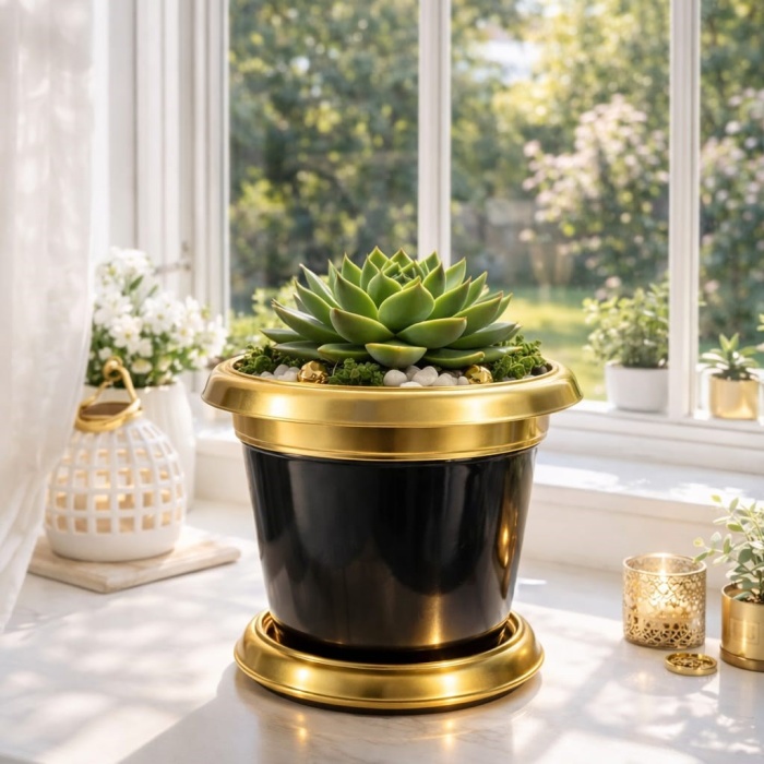 ® Yeni Ürün Gold Bilezikli 1,7 Litre Dekoratif Plastik saksı Siyah