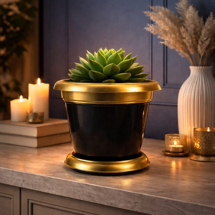 ® Yeni Ürün Gold Bilezikli 1,7 Litre Dekoratif Plastik saksı Siyah