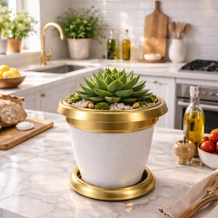 ® Yeni Ürün Gold Bilezikli 1.7 Litre Dekoratif Plastik Saksı Beyaz