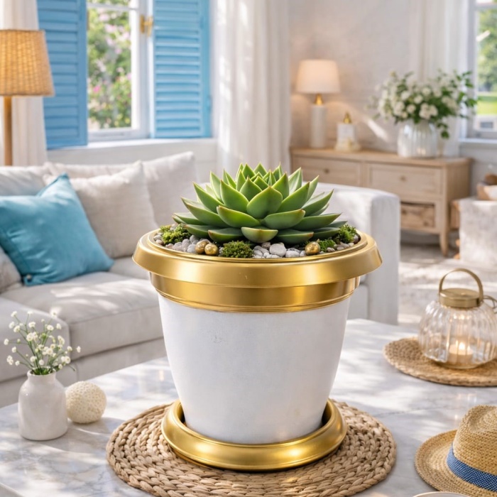 ® Yeni Ürün Gold Bilezikli 1.7 Litre Dekoratif Plastik Saksı Beyaz