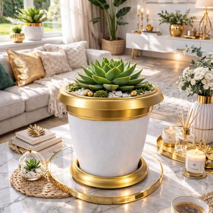 ® Yeni Ürün Gold Bilezikli 1.7 Litre Dekoratif Plastik Saksı Beyaz