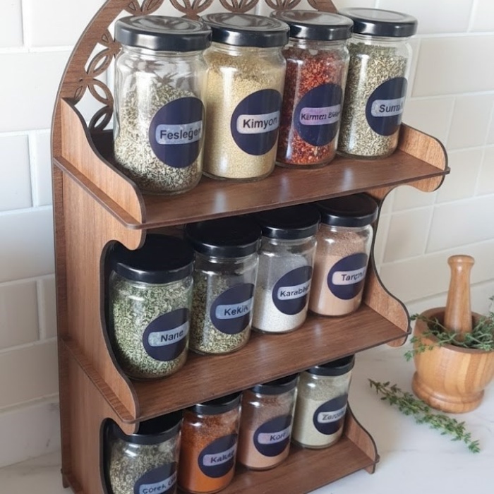 12li Meşe Rengi Mdf Standlı Dekoratif Baharatlık Seti - Baharatlık Takımı