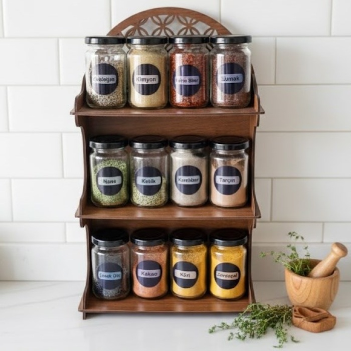 12li Meşe Rengi Mdf Standlı Dekoratif Baharatlık Seti - Baharatlık Takımı