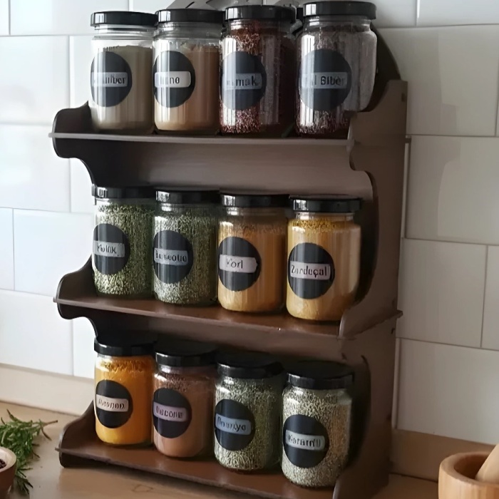 12li Meşe Rengi Mdf Standlı Dekoratif Baharatlık Seti - Baharatlık Takımı